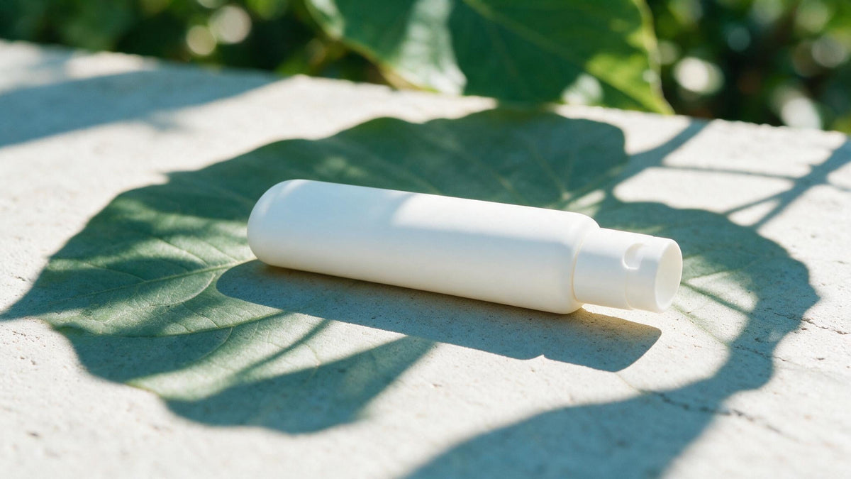 Weiße Tube auf hellem Beton mit scharfem Blattschatten im Sonnenlicht