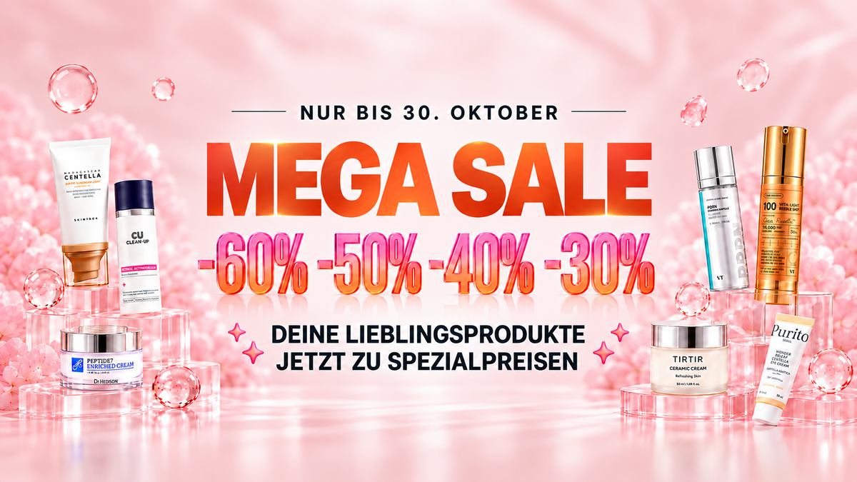 Mega Sale mit Rabatten von 30 % bis 60 % auf ausgewählte Beauty- und Pflegeprodukte. Nur bis zum 30. Oktober.