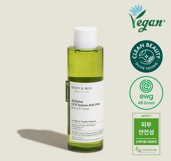 MARY&MAY Vegan CICA Tea Tree AHA PHA Toner Тонер с центеллой азиатской и чайным деревом 200ml - DYBEAUTY