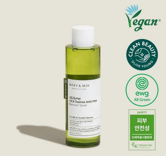 MARY&MAY Vegan CICA Tea Tree AHA PHA Toner Тонер с центеллой азиатской и чайным деревом 200ml - DYBEAUTY